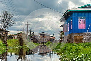 Houses on stilts in the floating villages of Inle Lake, Myanmar
