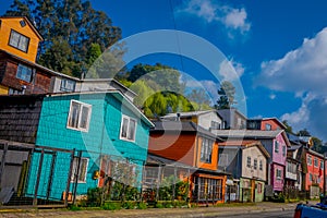 Houses on stilts palafitos in Castro, Chiloe Island, Patagonia