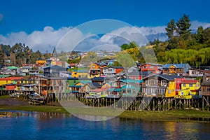 Houses on stilts palafitos in Castro, Chiloe Island, Patagonia photo