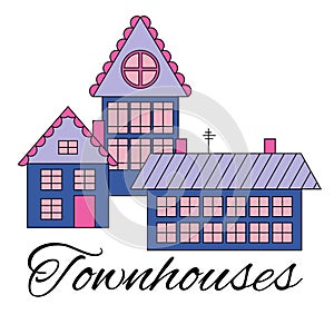 Houses on a street. Illustration of a city landscape with townhouse. Line style