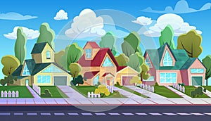 Houses on street of suburb town, cartoon family cottages