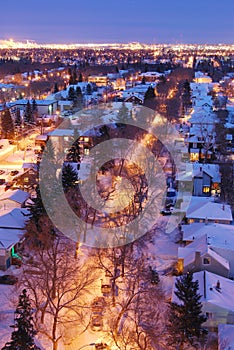 Houses and streets in a winter night