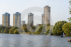 Houses in Strogino on the background of the river, Moscow