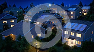 Houses in suburb with solar panels at night