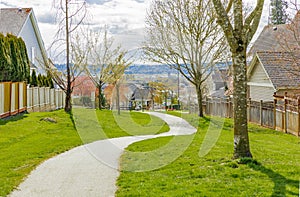 Houses in suburb with Spring Blossom. Walkway path in the park with green grass and trees landscape