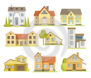 Houses and suburban residential buildings of different styles set