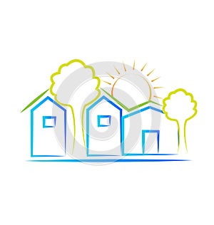 Houses sun and trees logo