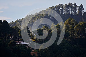 Houses are surrounded by dense trees under the blue sky in San Jose del Pacifico photo