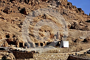 Houses and temples dug into the mountain in Egypt