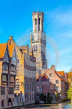 Houses and tower Belfort in Bruges, Belgium