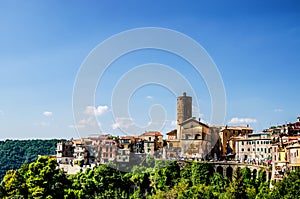 The houses of the town of Nemi, located above the cliff. The surroundings of Rome. Italy.