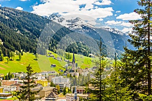 Houses in town village in Alps mountains, Davos, Graubuenden, S photo