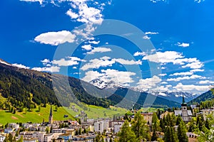 Houses in town village in Alps mountains, Davos, Graubuenden, S