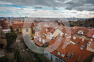 Houses with traditional red roofs in Prague in the Czech Republic.