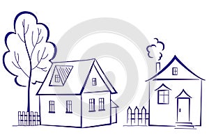 Houses with a tree, pictogram