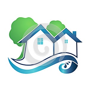 Houses trees and waves real estate logo