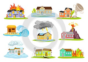 Houses Undergoing Natural Disasters Like Fire and Tornado Vector Set