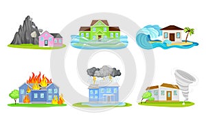 Houses Undergoing Natural Disasters Like Fire and Tornado Vector Set