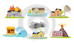 Houses Undergoing Natural Disasters Like Fire and Tornado Vector Set