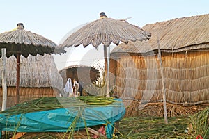 Houses on Uros Floating Islands Built from Totora Reeds Lake Titicaca, Puno, Peru