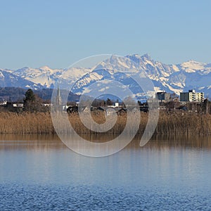 Houses in Wetzikon and snow covered mountains