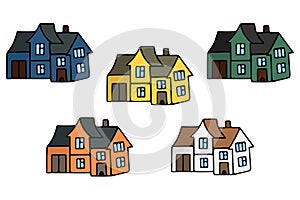 Houses with windows, doors and a garage. Set of vector illustrations. Modern mansion. Cottage. Stay safe. Cozy place of residence.