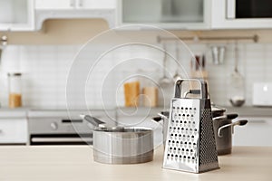 Houseware and blurred view of kitchen interior on background