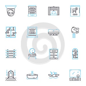 Housewares outlet linear icons set. Kitchenware, Glassware, Tableware, Bakeware, Cookware, Linens, Storage line vector photo