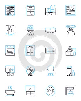 Housewares outlet linear icons set. Kitchenware, Glassware, Tableware, Bakeware, Cookware, Linens, Storage line vector photo