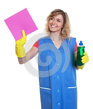Housewife with blond hair and damp cloth at work