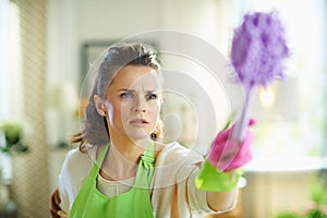 Housewife with brush housecleaning at modern home in sunny day