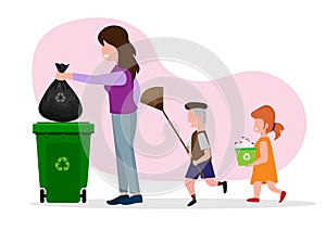 A housewife carries a black plastic trash bag with her son and daughter with boxes of plastic bottles to be thrown into the