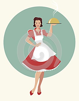 Housewife carrying a tray with dinner. Retro style