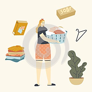 Housewife Character Holding Basin with Dirty or Clean Wet Clothes. Woman Wash Linen with Stains in Bathroom or Laundry