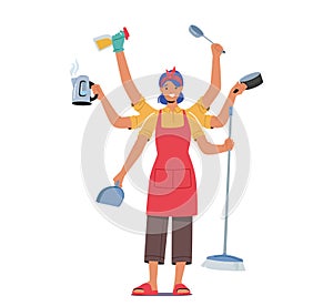 Housewife Character with Many Arms Holding Different Household Supplies Teapot, Scoop, Brush and Detergent with Pan