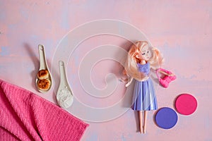 Housewife cleaner. lady housewife, fashionable dress, doll fashion. The girl is cooking pasta. Copy space. Flat Lay. Top