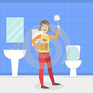 Housewife Cleaning Bathroom and Toilet with Brush, Cleaning Service Worker, Lavatory Room Interior Vector Illustration