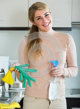 Housewife cleaning in home kitchen