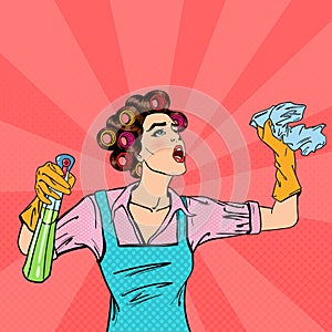 Housewife Cleaning the House with Spray and Rag. Pop Art. Vector