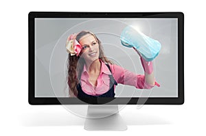 Housewife in computer monitor