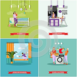 Housewife concept vector posters. Housekeeper woman taking care baby, cleaning, cooking and washing. photo
