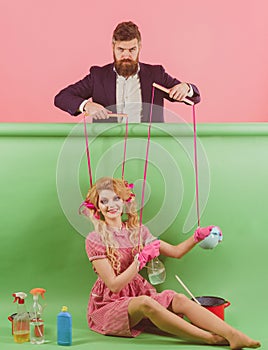 Housewife. Creative idea. Love. vintage fashion women puppet and man. retro girls and master at party. Crazy girls and