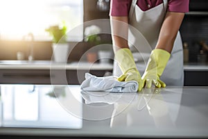 Housewife is doing the spring cleaning at home kitchen with using rag, spraying bottle cleaner to wipe the counter table