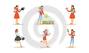 Housewife Engaging in Different Domestic Works Vector Illustrations Set