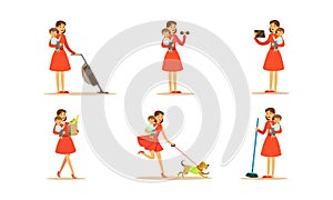 Housewife Engaging in Different Domestic Works Vector Illustrations Set