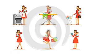 Housewife Engaging in Different Domestic Works Vector Illustrations Set.