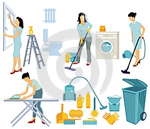 Housewife at housework, household task cleaning