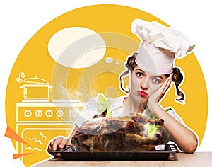 Housewife overlooked roast chicken.Funny kitchen collage for tex photo