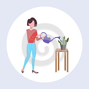 Housewife pouring water in domestic potted plant woman holding watering can doing housework concept female cartoon