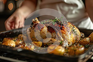 Housewife prepares roast chicken in the oven, view from the inside of the oven. Cooking in the oven